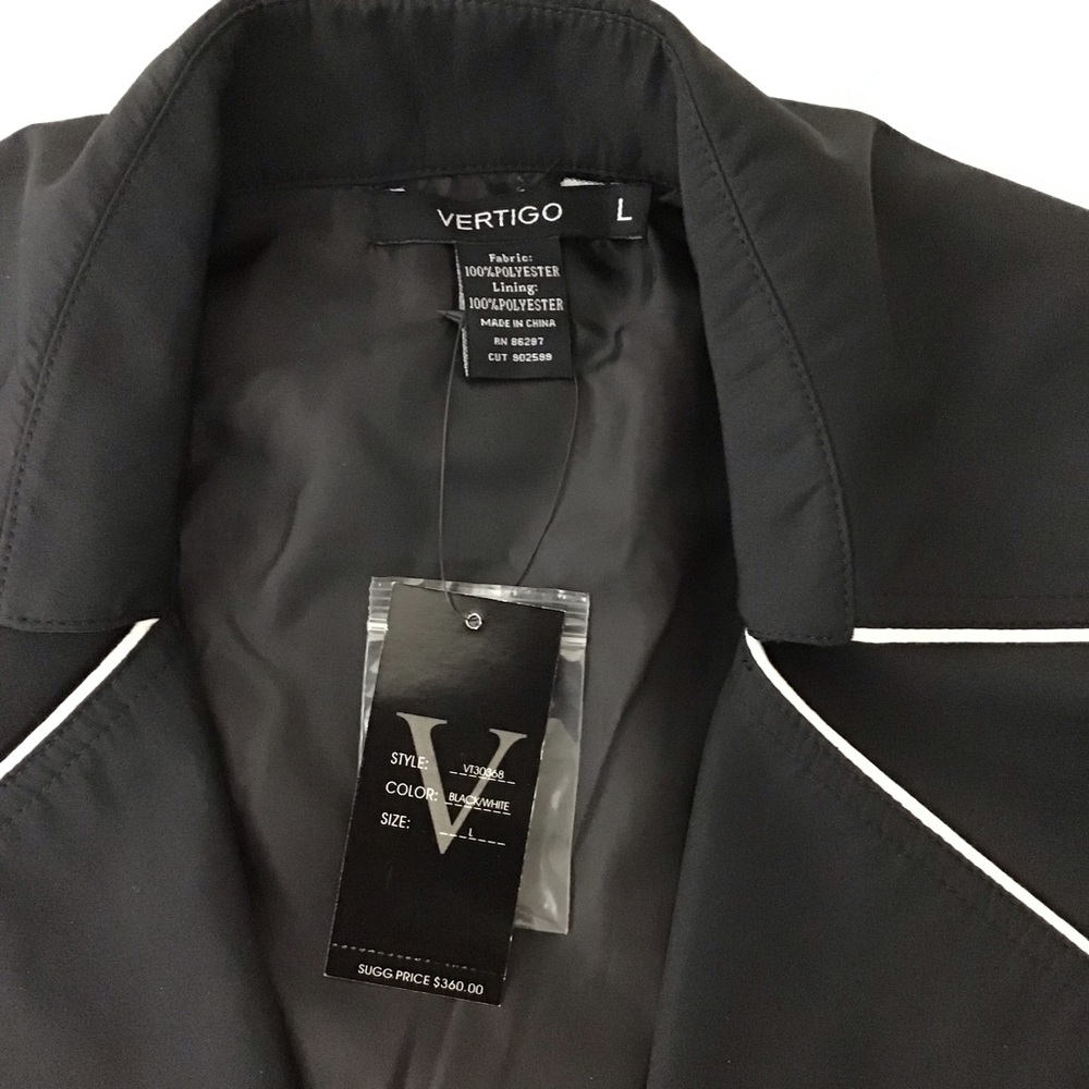 Vertigo black w/ white piping retro style collared belted rain tench coat jacket - Picture 7 of 12